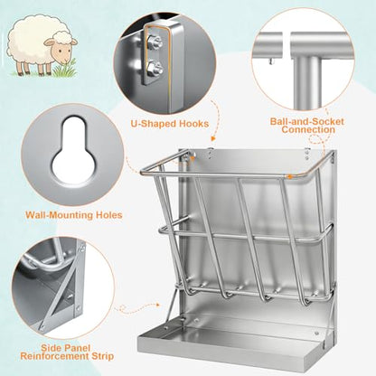 2 in 1 Wall Mount Hay and Grain Feeder, 25 Gallons Livestock Feeder | Galvanized Steel Wall Hay Rack, Hanging Hay Feeder with Mounting Kit for Goats Sheep Horse, Slow Feeder for Goats with Trough - color: Silver