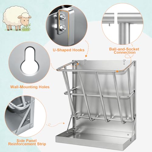 2 in 1 Wall Mount Hay and Grain Feeder, 25 Gallons Livestock Feeder - color: Silver