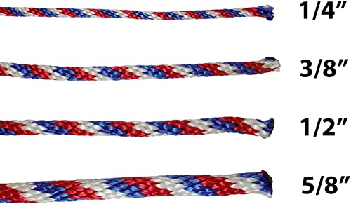 SGT KNOTS Solid Braided Polypropylene Derby Rope – Durable, Weatherproof Rope Ideal for Animal Handling, Boating, Camping, and Knot Tying Practice (1/4" x 25ft, RedWhiteBlue) - color: Red White Blue, size: 1/4 in x 25 ft