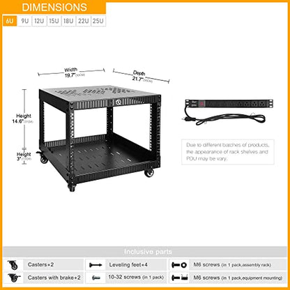 RIVECO 6U Network Rack with Reinforced Top & Bottom Vented Plates- 4 Rolling Wheels Floor Standing Rack for 19" Equipment & Stereo Gear- Including Basic Rail Mount PDU Power Strip - size: 6U
