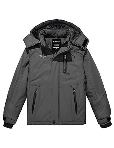 Wantdo Boy's Waterproof Ski Jacket Fleece Snowboarding Jackets Warm Thick Winter Coat Hooded Raincoats - color: Dark Gray, size: 8-9