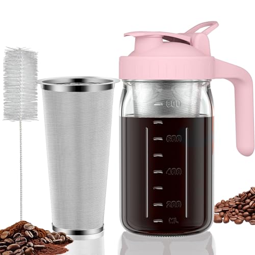 JunVpic Cold Brew Coffee Maker, 32 oz Glass Mason Jar Pitcher | 100μm stainless steel filter, wide mouth design, leak-proof lid with handle, pour spout for iced coffee, tea and cold drinks - color: Pink, size: 32 Ounces