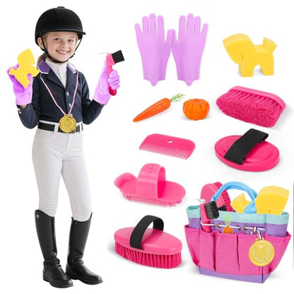 deAO Horse Grooming Brush Kit 12Pcs Horse Tack with Tote Bag,Care Tool,Pink - color: Pink