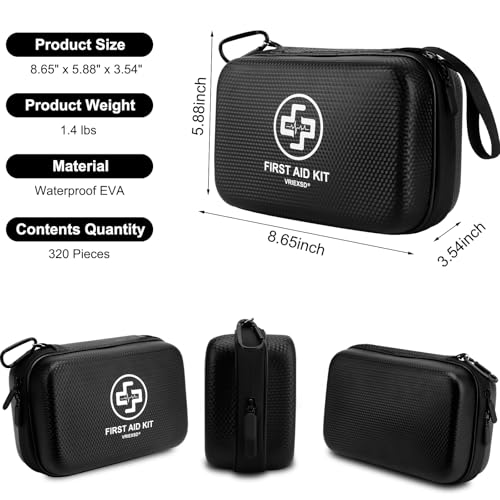VRIEXSD Premium 320-Piece First Aid Kit, Waterproof EVA Hard Shell Case | Black Complete Emergency Medical Kit with Comprehensive Supplies for Home, Camping, Car, Hiking, Travel, Businesses & Outdoor - color: Black