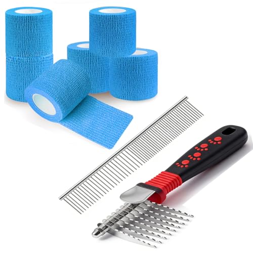 QUMY 6 Pack Blue Self-Adhesive Bandage Wrap 2 Inch x 5 Yards and Dog Comb Set for Dematting Knotted Hair