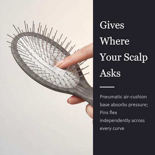 TRENFI Metal Pin Hair Brush Carbonized Willow Wood | Ground Tip Ends, Thick Wavy Curly Sections, Scalp Massage Feel, Air Cushion, Daily Detangling, Pressure Control, Low Static