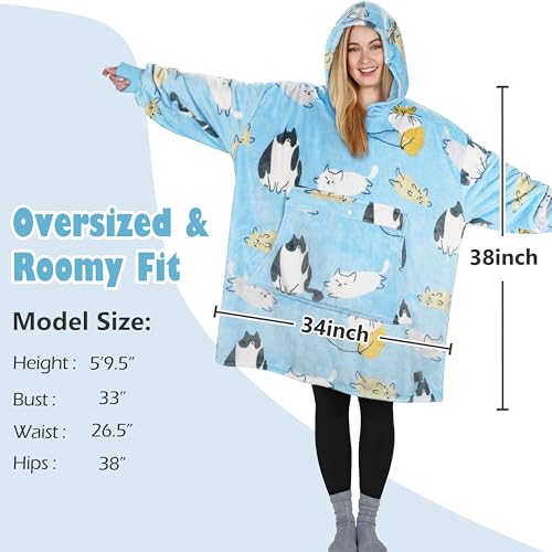 Catalonia Oversized Blanket Hoodie, Cat Print Fleece Wearable Blanket - color: Cat Blue