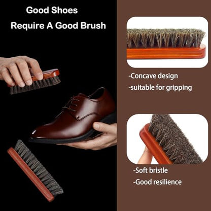 shoe care kit horsehair brush,long-handled round brush,white & black polish,polishing cloth,shoe horn,storage box. - color: Browm+black