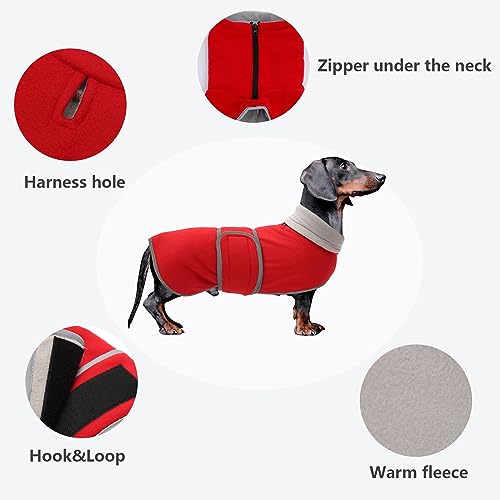 Dachshund Coats Sausage Dog Fleece Coat in Winter Miniature Dachshund Clothes with Hook and Loop Closure and high vis Reflective Trim Safety - Red - S - color: Red, size: Small(Back: 14"-15"in)