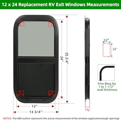 12"W x 24"H RV Windows for Cargo Trailer Camper,Tinted Vertical Sliding - size: 12"W x 24"H