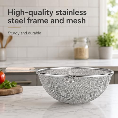 Huji 8-Inch Stainless Steel Double Mesh Food Strainer Colander - Fine Sieve Sifter with Wooden Handle for Kitchen Cooking, Pasta, Rice, Noodles, and More