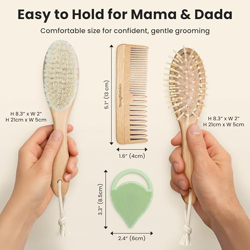 Baby Hair Brush & Comb Set for Newborns - Gentle Goat-Hair & Bamboo Bristle Hairbrushes with Easy Grip Wooden Handles - 5-Pack Baby Brush Set with a Cotton Travel Pouch - Gifts for Boys & Girls - size: Premium Set (5-Piece)