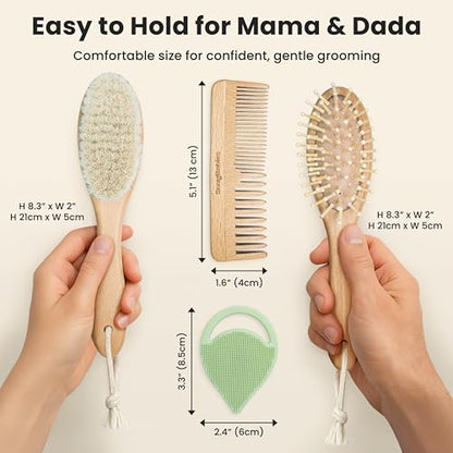 Baby Hair Brush & Comb Set for Newborns - Gentle Goat-Hair & Bamboo Bristle Hairbrushes with Easy Grip Wooden Handles - 5-Pack Baby Brush Set with a Cotton Travel Pouch - Gifts for Boys & Girls - size: Premium Set (5-Piece)