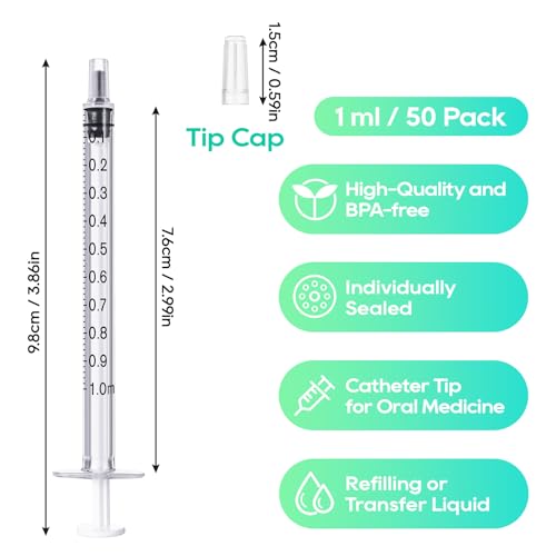 JOLLY PARTY 50Pack 1ml Syringes with Caps 1cc Small Oral Syringe Needleless - style: 1ml