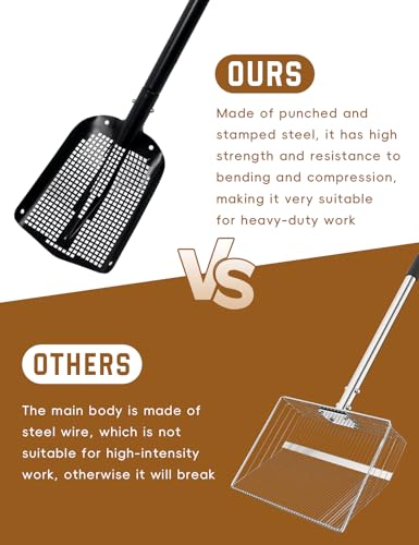Heavy Duty Sifting Shovel with Adjustable Handle (26"-48") – Metal Sand Sifter Scoop with D-Grip for Chicken Coop, Beach, Farm Goat Stall & Garden Poop Cleaning – Durable Mesh Design