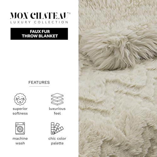 Mon Chateau 60" x 70" Crest Faux Fur Throw, Sandstone Jacquard | Cozy Layer Comfort For Couch, Bed Or Chair. Lightweight Polyester Fabric With Easy Machine Wash Care - color: Sandstone Jacquard