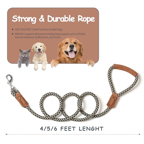 Mile High Life Dog Leash with Genuine Leather-Wrapped Ends/Handle, 4/5/6FT - color: Khaki Black, size: 48 Inch-1/2"