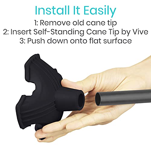 Vive Cane Tip - Self Standing Quad Base Replacement for Most Walking Canes - color: Black