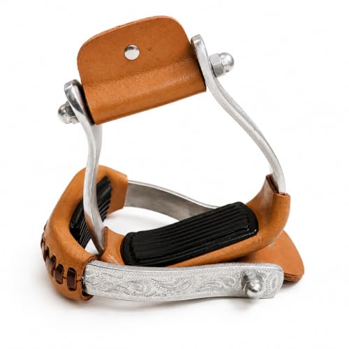 Engraved Western Horse Saddle Aluminum Stirrups Tread Padded & Leather Cover Roller Neck