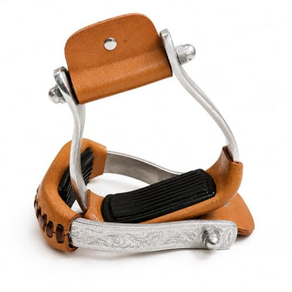 Engraved Western Horse Saddle Aluminum Stirrups Tread Padded & Leather Cover Roller Neck