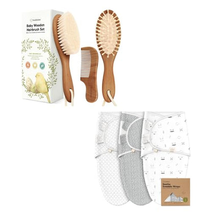 Keababies Baby Hair Brush and Comb Set and 3-Pack Baby Swaddle Sleep Sacks - Wooden Brush with Soft Goat Bristle - Newborn Swaddle Sack, Cradle Cap Brush