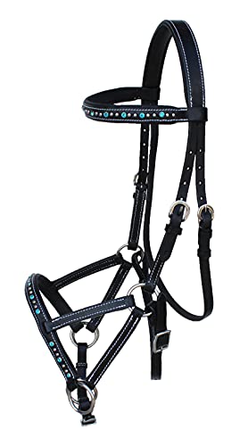 Horse Western Leather Beaded Bitless Sidepull Bridle Reins Rhinestone - color: Black/Turquoise