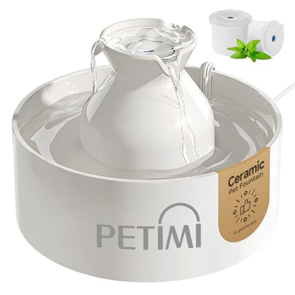 PETIMI Ceramic Cat Water Fountain, 3L/101 fl oz Ultra-Quiet Pet Water Fountain, Automatic Water Dispenser for Cats & Small Dogs, No Spill Cat Water Bowl, BPA-Free, 2 Filters Included, Easy to Clean