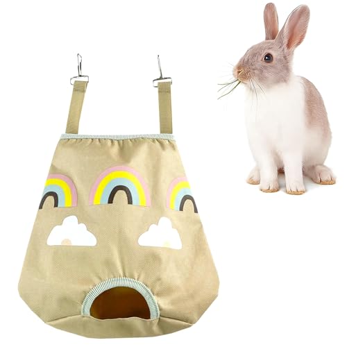 Rabbit Hay Feeder Bag for Guinea Pigs and Chinchillas | Cute Rainbow Design, Washable Oxford Cloth, Single Hole Timothy Hay Holder