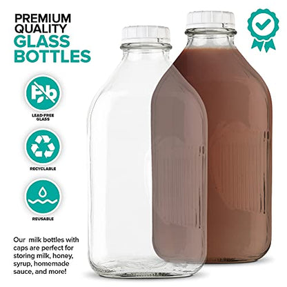 Stock Your Home Half Gallon Glass Milk Bottle with Lid (4 Pack) 64 Oz Jugs and 8 White Caps, Reusable Food Grade Milk Container for Refrigerator, Bottles for Juice, Oat or Plant Milks, Water, Honey - size: 64oz, style: 4 Pack