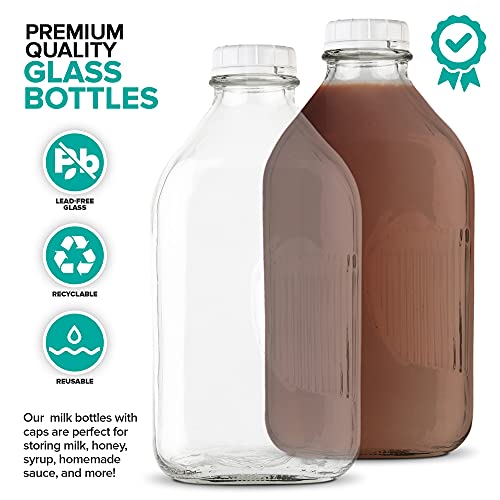 Stock Your Home Half Gallon Glass Bottle with Lid (1 Pack) 64 Oz Jugs and 3 White Caps, Reusable Food Grade Container for Refrigerator, Bottles for Juice, Oat or Plant Milks, Water, Honey - size: 64oz, style: 1 Pack