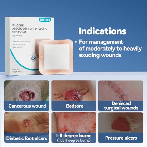 Dimora Silicone Super Absorbent Wound Dressings - Gentle Adhesive Bandages with Ultrasorb Polymer,Heavy Exudate Wound Care Pads 6"X 6" 10 Packs - size: 6"x 6"