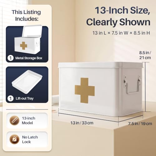 Flexzion Large Metal First Aid Box Empty, 13-Inch, White with Gold Cross - color: White - Gold Cross, size: 13 Inch without Latch Lock