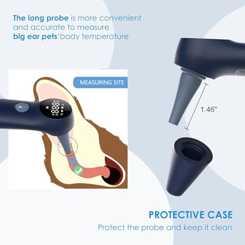 Pet Ear Thermometer for Dogs, Cats, and Livestock, Long Probe Designed, ℃/ ℉ Convert and Sound Switch Dedicated Button, 1 Second Measurement, 20 pcs Pet Swabs Included