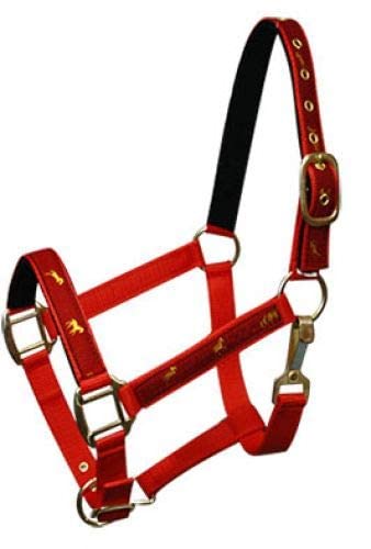 Adjustable Cob Size Neoprene Lined Nylon Halter w/Running Horse Overlay - color: Red