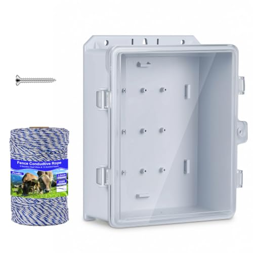 Outdoor Electrical Box Waterproof, 8.94×7.48×3.78 Inch Waterproof Enclosure with 656 Feet/200 Meters Electric Fence Rope Polywire,for Outdoor/Small Electric Fence Charger Installation (with clear lid)