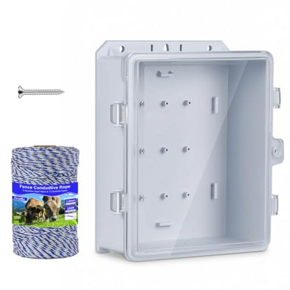 Outdoor Electrical Box Waterproof, 8.94×7.48×3.78 Inch Waterproof Enclosure with 656 Feet/200 Meters Electric Fence Rope Polywire,for Outdoor/Small Electric Fence Charger Installation (with clear lid)