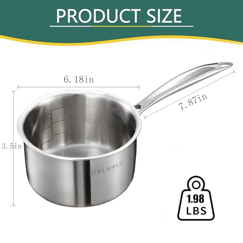 DELARLO Full-body Clad Tri-ply Stainless Steel 1 Quart Saucepan with Lid - color: Silver, size: 1.0QT