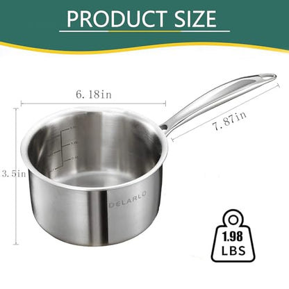 DELARLO Full-body Clad Tri-ply Stainless Steel 1 Quart Saucepan with Lid - color: Silver, size: 1.0QT