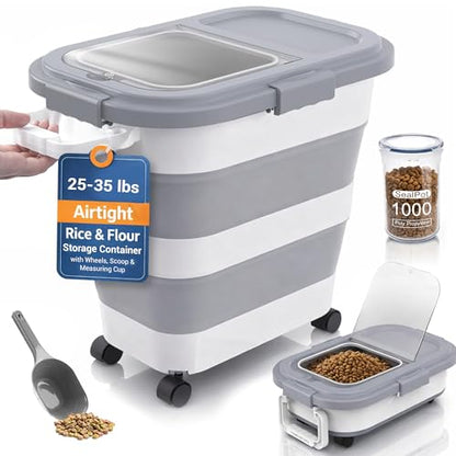 Collapsible Rice Storage Container 25–35 lbs, Airtight, Space-Saving Food Storage Bin with Wheels and Measuring Cup, Easy-Pour Grain Dispenser for Rice, Flour and Pet Food