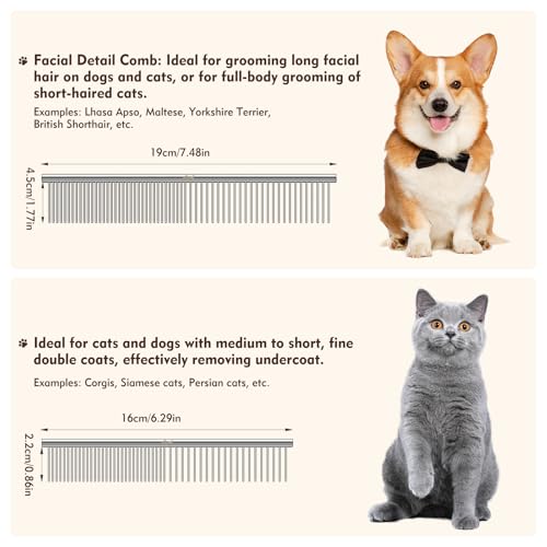 WRW 4 Pack Dog Comb, Metal Comb for Dog Cat Pet | Stainless Steel Dog Combs Flea Comb with Rounded Teeth for Grooming Matting, Poodle Comb for Long and Short Hair Pets