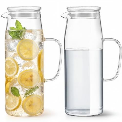 Hsei 2 Sets Glass Pitcher with Lid, 67.6 oz / 2000 ml Water Carafe with Handles Hot Cold Beverage Water Jar Glass Jug for Tea Juice Milk Coffee Iced Beverage (Glass Lid) - color: Glass Lid, size: 2l