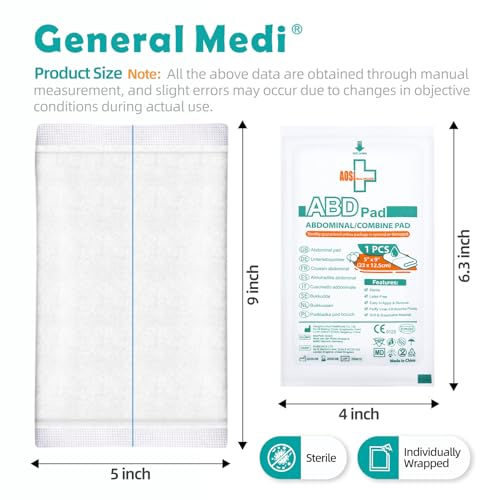 General Medi Sterile Abdominal Combine Pads - 25 Count 5" x 9" Individually Wrapped Absorbent & Thick Pads