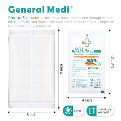 General Medi Sterile Abdominal Combine Pads - 25 Count 5" x 9" Individually Wrapped Absorbent & Thick Pads