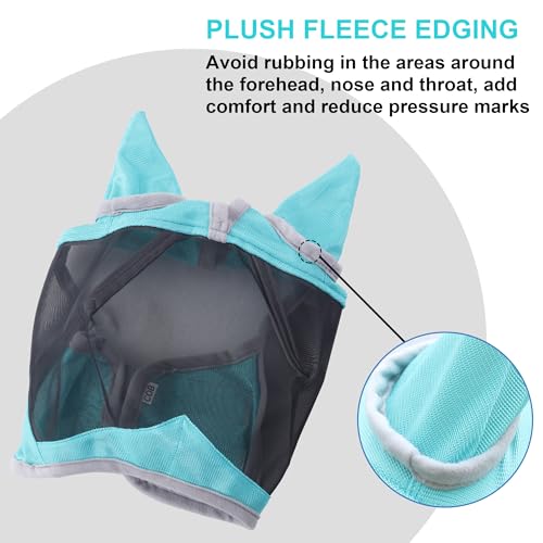 Horse Fly Mask with Ears, Full Face Equine Fly Mask UV Protection - color: Turquoise, size: Cob (Medium)