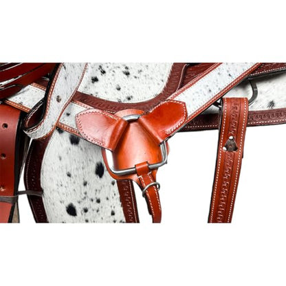 Western Barrel Saddle Set Brown Genuine Leather Hair On Cowhide Hand Tooled Horse Saddle with Headstall, Breast Collar & Reins for Trail Riding, Rodeo, Ranch & Pleasure, 8-17 Inch - size: 8 Inch