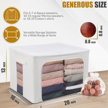 66L Large Cashmere Sweater Storage Bag with Steel Frame | Natural Red Cedar Protection | Foldable Closet Organizer with Oxford Fabric, Mesh Windows | Premium Garment Box for Wool, Winter Coat, Clothes