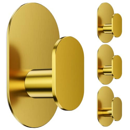 Aikzik Adhesive Towel Hooks - 4 Pack 26LB Heavy Duty Wall Sticky Waterproof Hooks for Hanging Coat, Towel, Robe, Wall Mount for Bathroom or Kitchen (Gold, Stainless Steel) - color: Gold-4