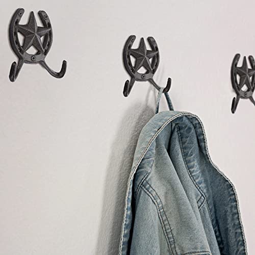 JUXYES Heavy Duty Cast Iron Western Horseshoe Star Hat Hook with 2 Hanger - size: 2 Pack