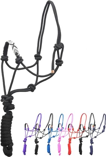 Sie Nylon Horse Braided Rope Halter Beaded Noseband Lead Rope (Black & Silver) - color: Black & Silver
