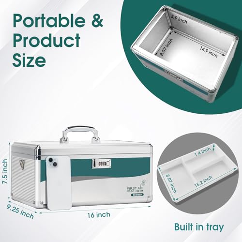 Glosen Medicine Lock Box with Code, 2-Layer Aluminum Alloy Medicine Organizer Box with Removable Tray, Portable Medication Lock Box with Shoulder Strap for Home Safety, Travel & Office (16x9.25x7.5In) - size: Extra Large-16in